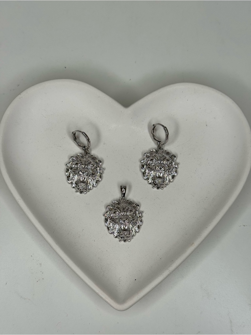 Silver Lion Head Pendant and Earrings Set